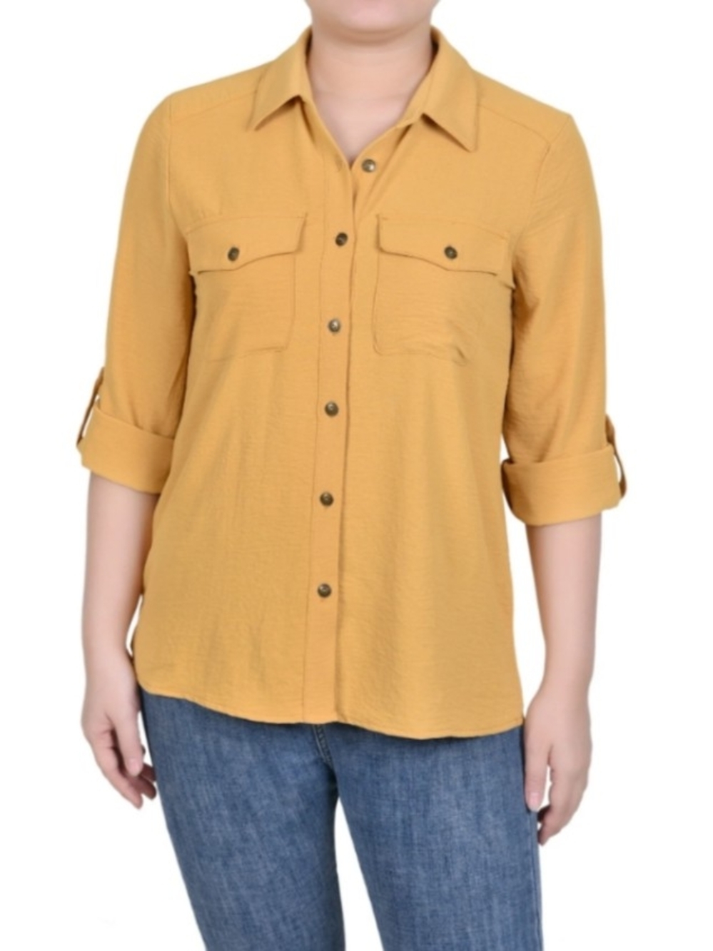 NY Collection Mustard Yellow Button-Down Roll Tab Shirt Size XL Petite